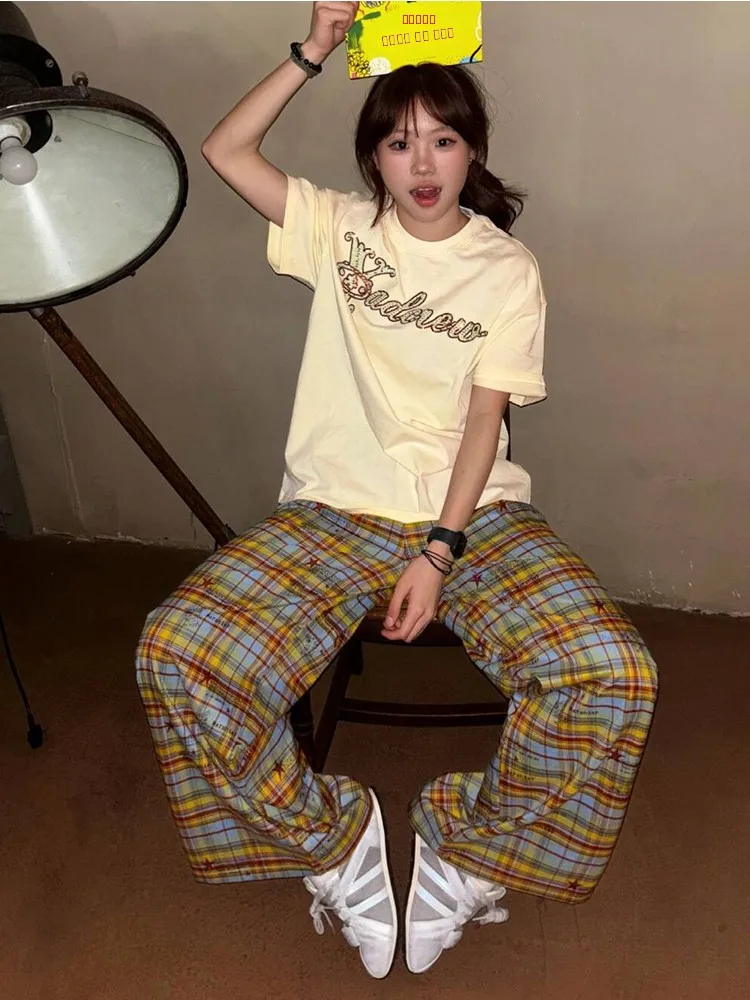 Retro American Color Blo Plaid Loose Casual Pants Men Women Summer Trendy Drapey Wide Leg Pants Youthful Daily Wear