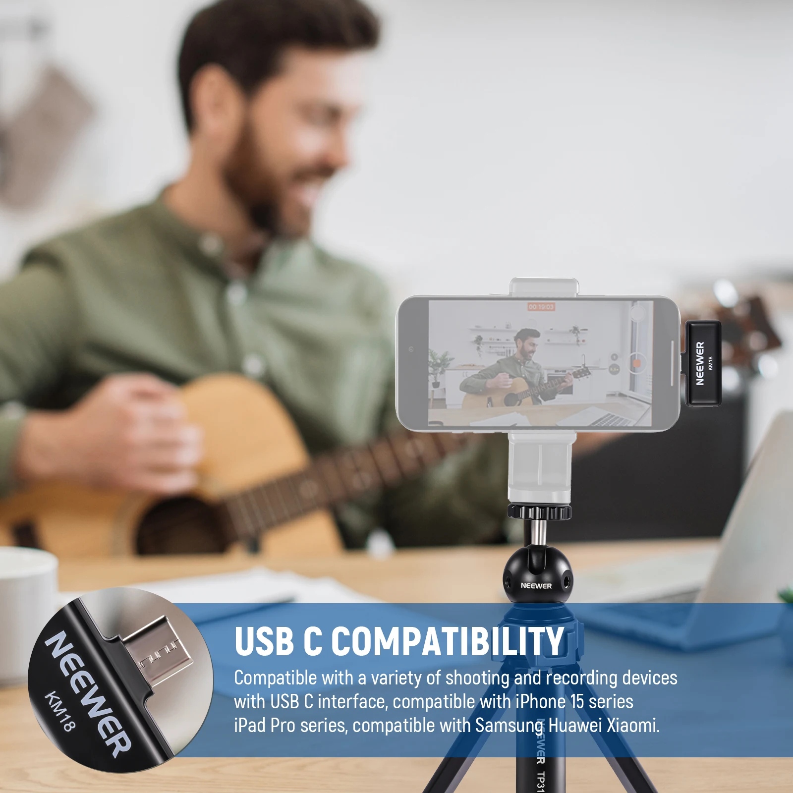 iPhone 15/Android/노트북 소음 차단 24H 배터리 용 충전 케이스가있는 USB C 용 Neewer KM18 무선 라 발리에 마이크