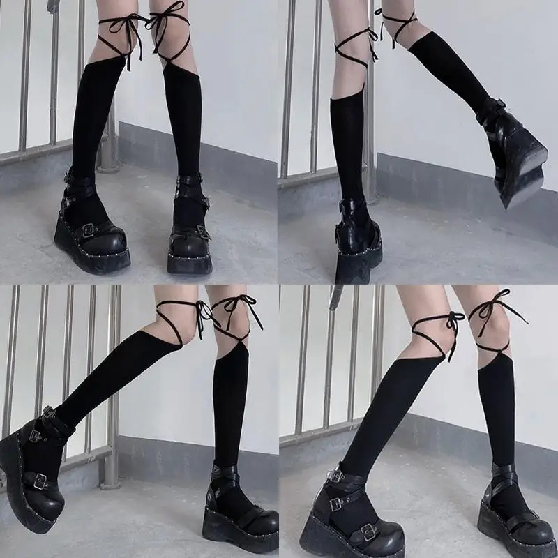 L5YC Japanese Women Thigh High Socks Harajuku Gothic Criss for Cross Lace-Up Bandage Over Knee Stockings Student