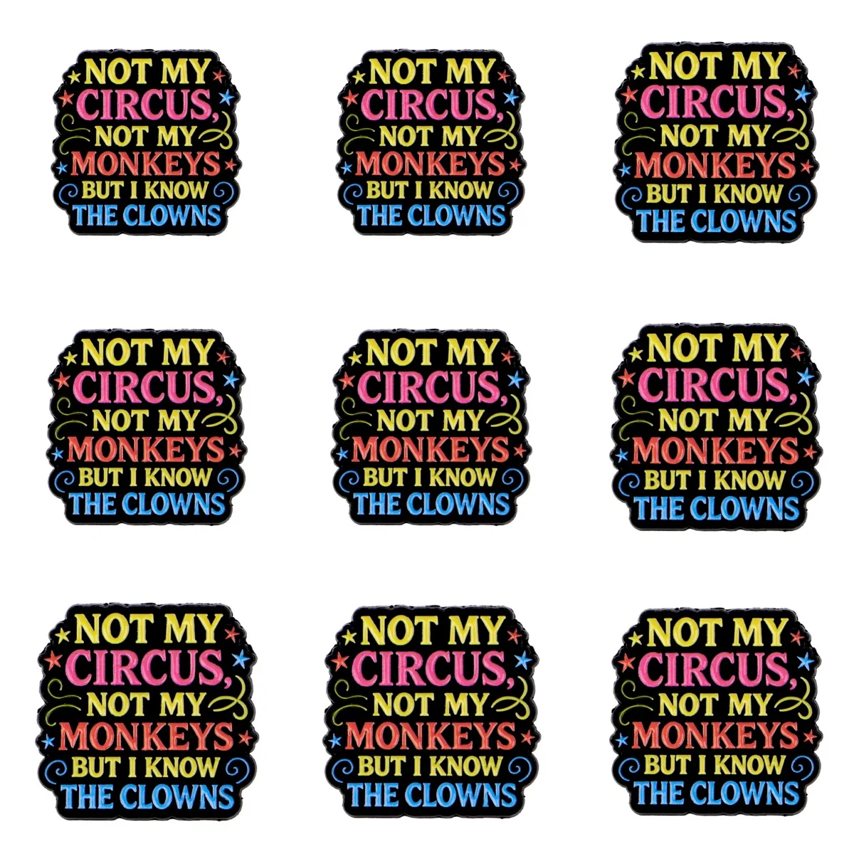 9 Stück Emaille-Anstecknadeln mit dem Motiv „NOT MY CIRCUS, NOT MY MONKEYS BUT I KNOW THE CLOWNS“ für Mantelkragen, Reversnadeln, Metallabzeichen, Schmuck – Detail 2