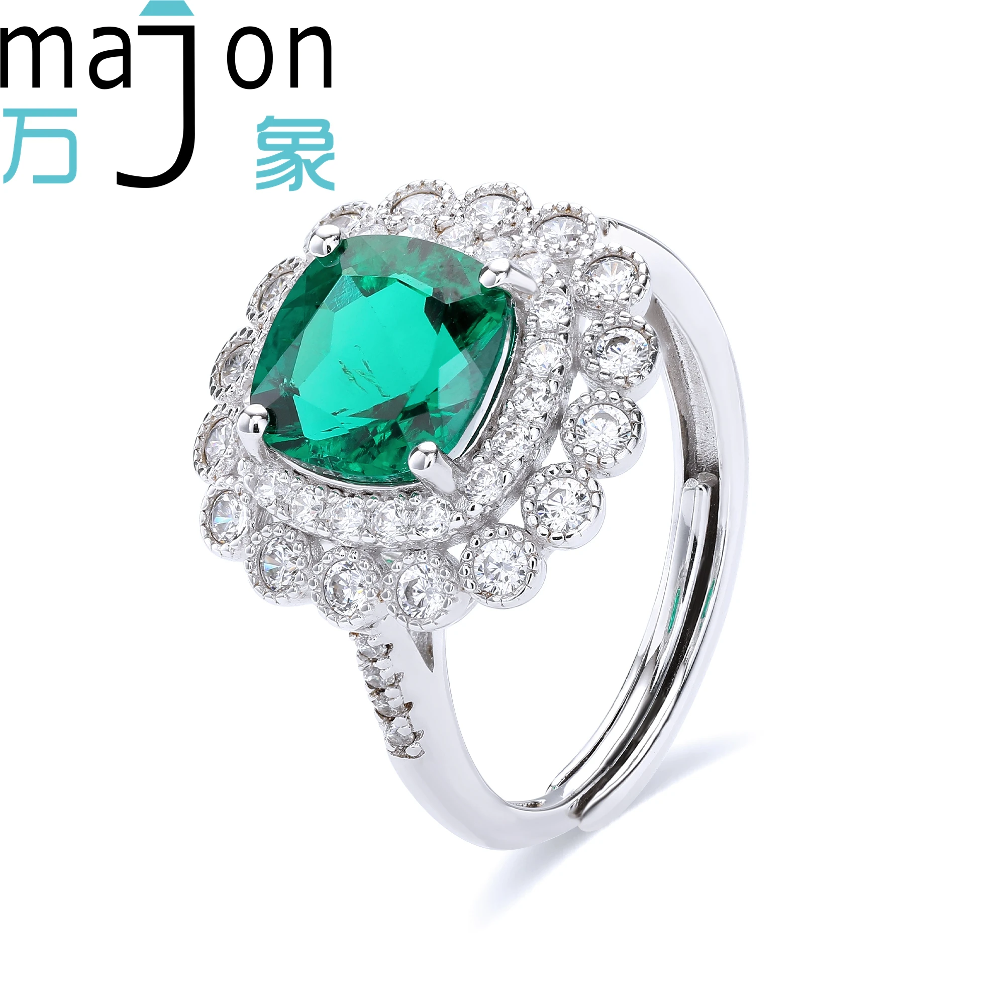 Sterling Silver 925 Lab Grown Zambia Green 2.1ct Cushion Cut Luxury Rhodium Plated Ring