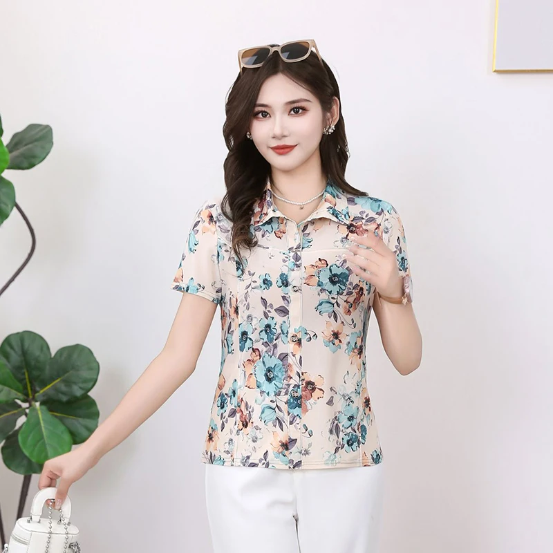 Camicette floreali impiombate stampate con risvolto elegante Abbigliamento donna 2025 Estate Nuovo allentato Manica corta Chic Top Camicie da donna da ufficio