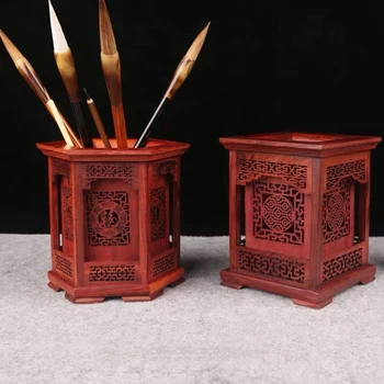 Chinese style wooden brush pot pen container wooden pencil vase pen holder calligraphy brush pen holder