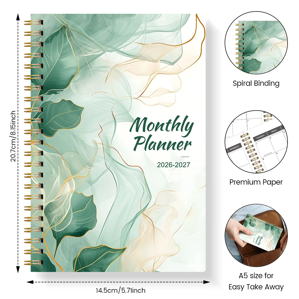 2026-2027 مخطط شهري A5، ملزمة حلزونية، غطاء ألوان مائية على شكل أوراق خضراء، منظم تقويم لمدة 24 شهرًا مع ورق سميك غير منتفخ