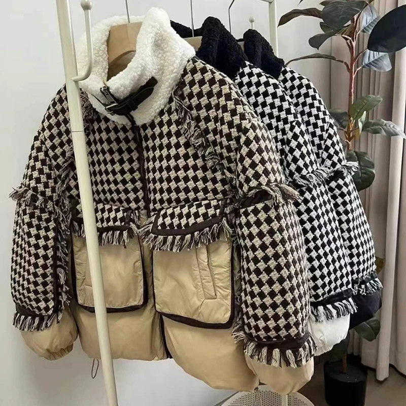 

Winter Grid Splicing Stand Collar Down Jacket Women White Duck Down Jacket Overcoat Female Drawstring Zipper Warm Parka Outwears