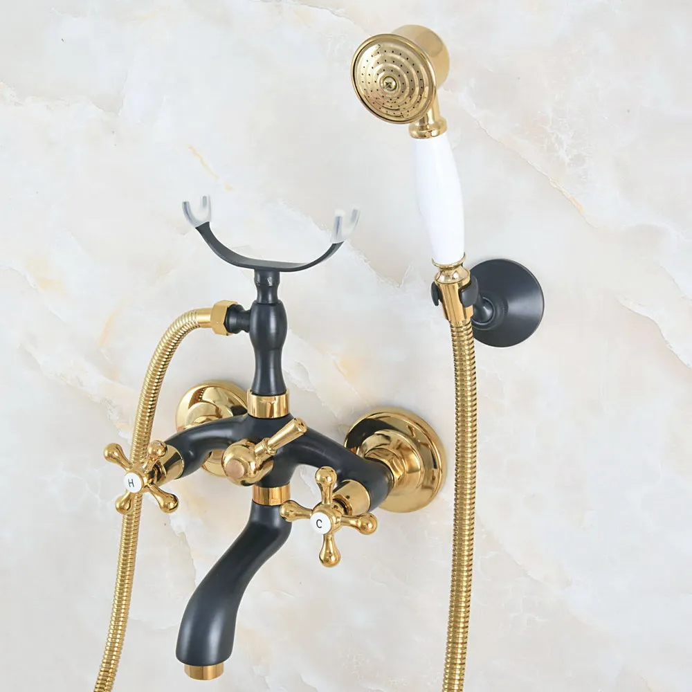 

Gold & Black Oil Rubbed Brass Wall Mounted Bathroom Bath Tub Faucet Set with 1500MM Hand Held Shower Spray Mixer Tap 2na584