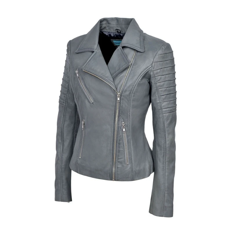 Women's Soft Grey Slim Fit Genuine Sheepskin 100% Leather Jacket Motorcycle Coat