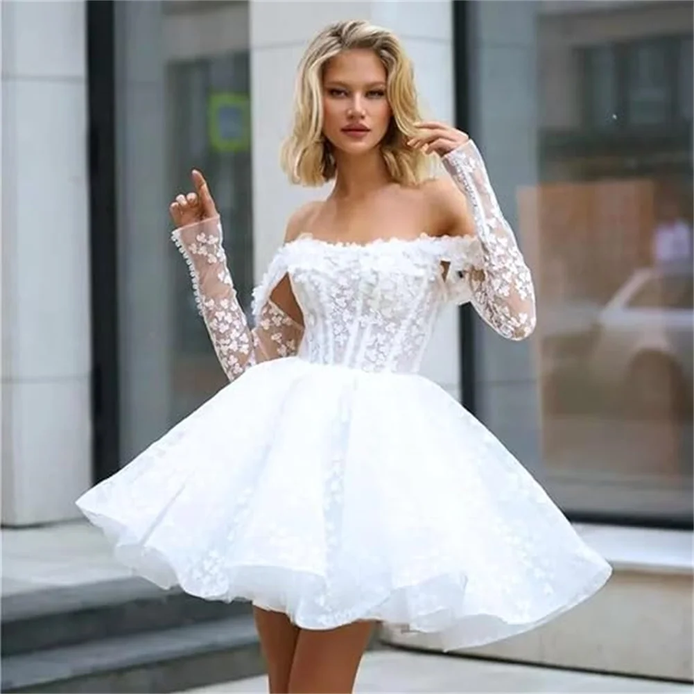 فساتين زفاف قصيرة مخصصة بدون أكتاف وأكمام طويلة قابلة للانفصال للعروس زهور ثلاثية الأبعاد مزينة بالدانتيل فستان زفاف صغير بوهو