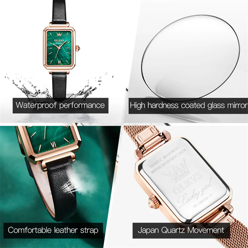 OLEVS New Fashion Rectangular Dial Green Quartz Watch for Women Leather Strap Womens Watches Top Brand Luxury Relogio Feminino