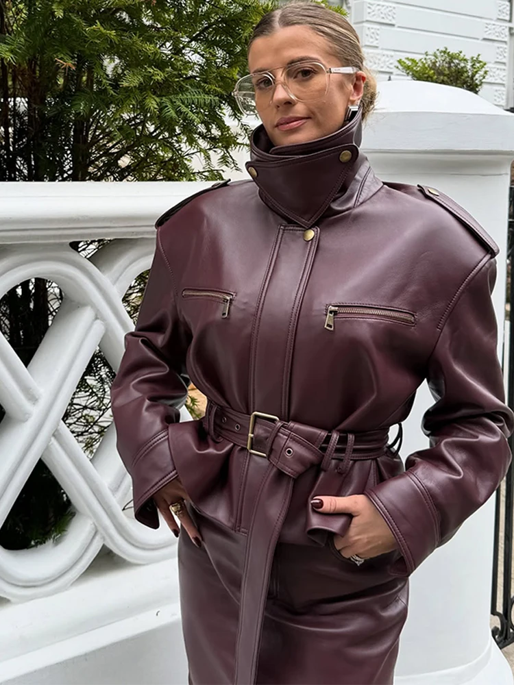Nuevas Chaquetas Casuales de Primavera 2026, Chaqueta de Cuero Vintage para Mujer, Cuello Alto, Bolsillos, Abrigo Corto, Cinturón de Lujo, Cierre de Cremallera