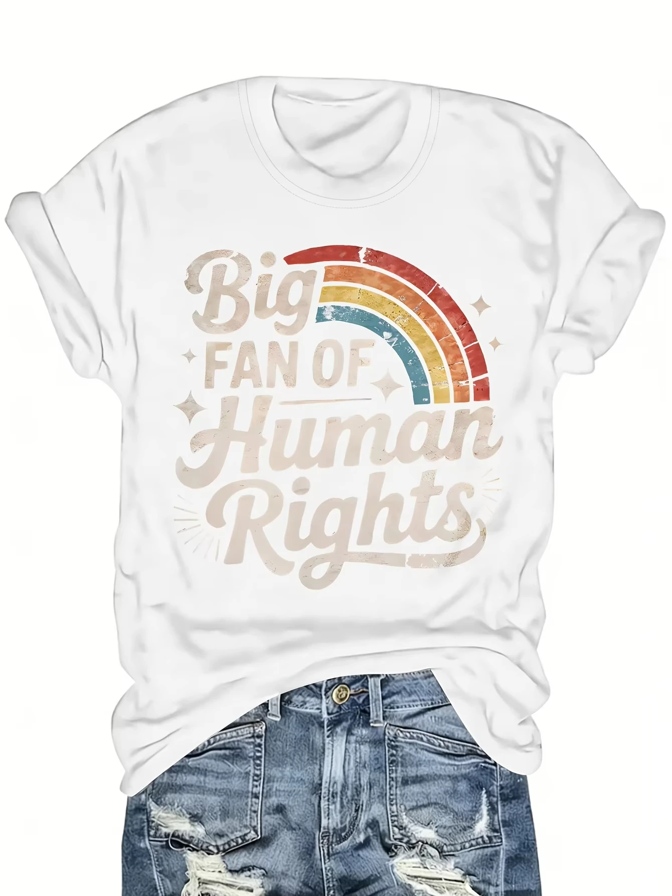 Big Fan Of Human Rights Women's Tee - Retro Rainbow Graphic Multi Colors Available, Y2K Top for Back To School Vacation Daily