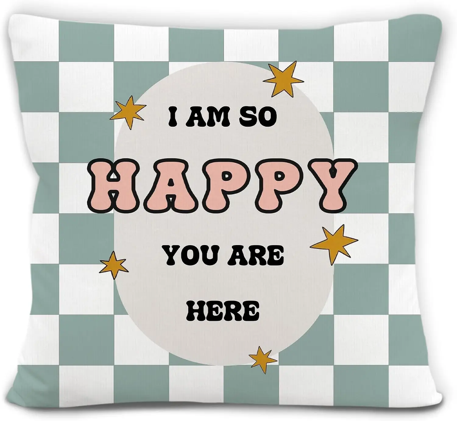 Happy Message Pillowcase Throw Cushion Cover Checkered Pattern Decor Typography Accent Pillow for Living Room Bedroom Home Gifts