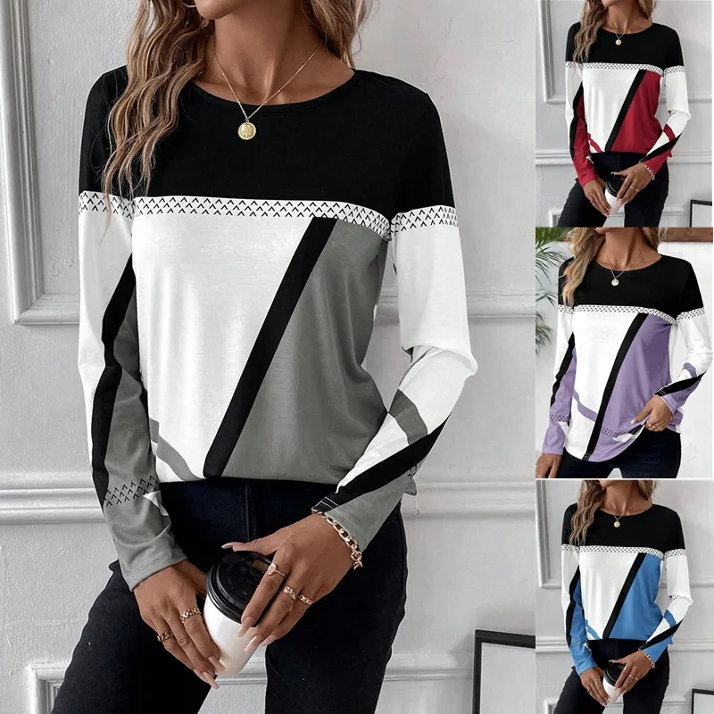 Leisure Long Sleeved Tshirt 2024 Women's New Pullover Round Neck Contrasting Color Splicing Geometric Print Top Women's T-shirt