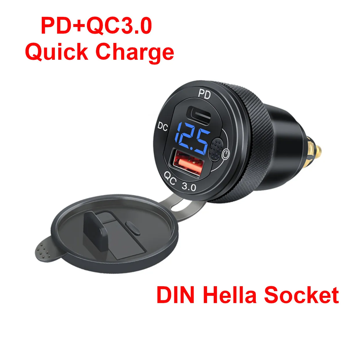 Hella DIN EU Plug PD Type-C QC3.0 USB Motorcycle Charger Socket Adapter Metal Shell with Voltmeter Switch for BMW Ducati Triump