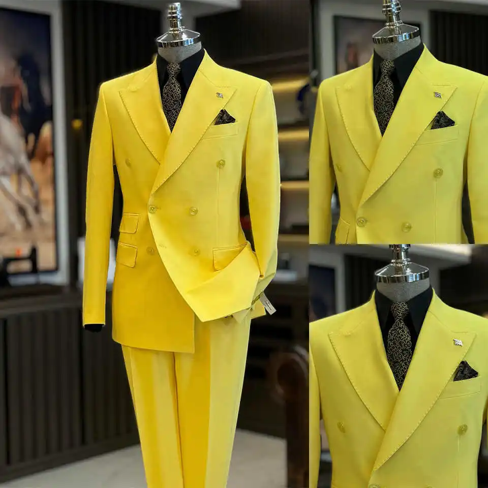 Customized Formal Yellow Mens Wedding Tuxedos Double Breasted Groom Business Party Birthday Wear Jacket Pants Suits 2 Pieces