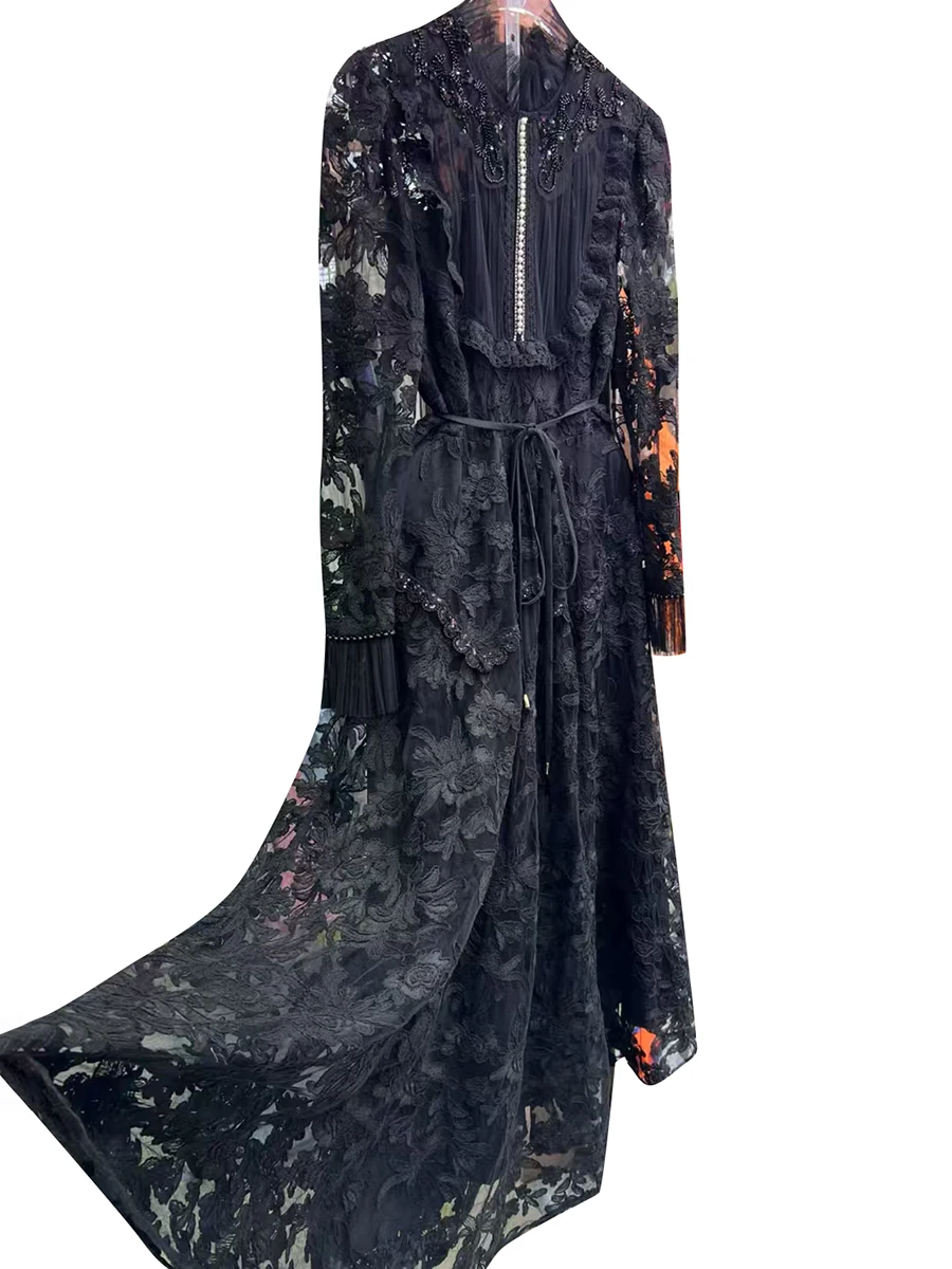 VGH Elegant Party Spliced ชุดลูกไม้สําหรับผู้หญิงคอยาวแขนยาว Patchwork Sheer ตาข่ายสําหรับเด็กชุดเสื้อผ้ามุสลิมหญิง