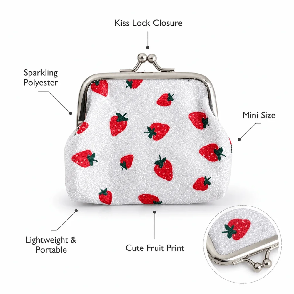 Elegant Fruit Pattern Coin Purse Strawberry Cherry Print Hasp Closure Lipstick Pouch Small Multifunctional Wallet for Girls