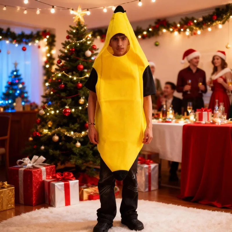 面白いバナナコスチューム 子供と大人用 クリスマスパーティー衣装 パフォーマンスドレスアップ お祝いディナーイベント コスプレウェア