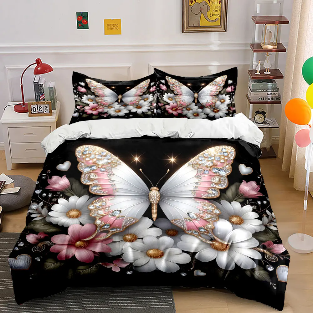 Glittering crystal butterfly with flowers Print Soft Comfortable Duvet Cover Bedding Set Included 1*Duvet Cover 2*Pillowcases