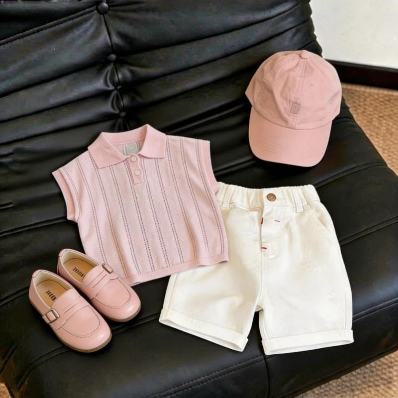 

2026 Summer Hot Selling Pink Thin POLO Collar Knitted Vest and Solid Color Shorts Two-piece Set