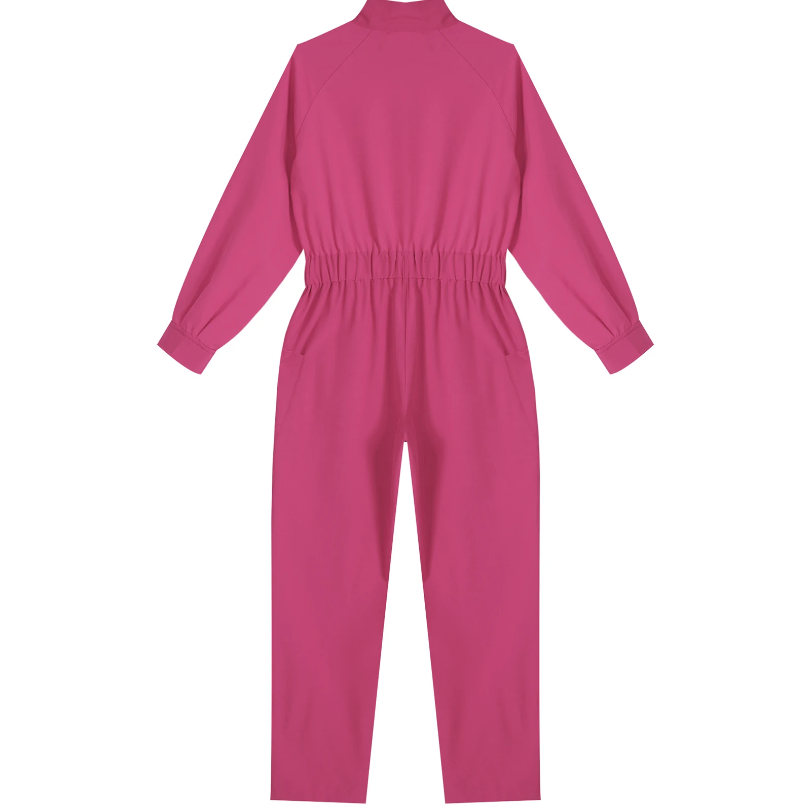 Baju kodok anak perempuan, Jumpsuit kasual warna Solid lengan panjang kerah berdiri, Jumpsuit pinggang elastis dengan saku