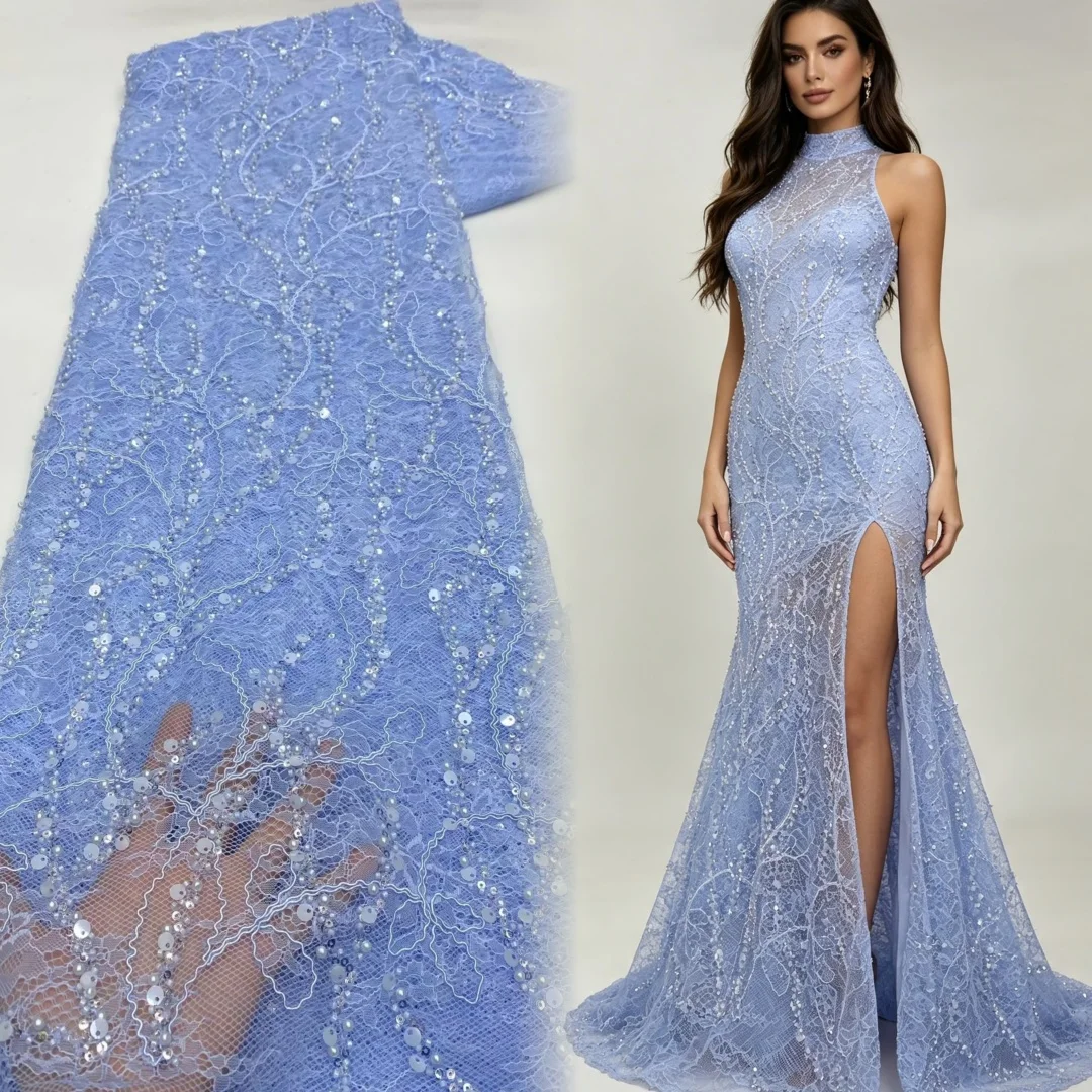African French Soft Tulle Sequins Beaded Lace 5 yards Nigerian Embroidered Lace Fabrics For Ladies Party Wedding Dresses AT2929