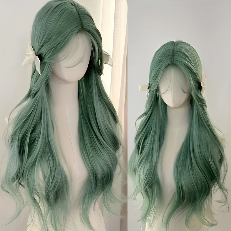 Anxin Brand Synthetic Fiber Wig: Mint Green Gradient Long Curly Hairstyle, Decorated with a Light-Colored Bow, Soft and Curly Hair with a Natural Texture, Available in Pink/White/Gray/Black; Made of High-Quality Synthetic Fiber Material, Comfortable to Wear and Easy to Care For; Suitable for Adult Women's Lolita Style Outfits, Daily Gentle Styling, and Cosplay Character Recreation as a Fashionable Item