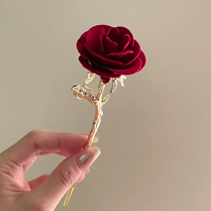 Charm New Chinese Style Red Rose Tassel Hanfu Clothes Hair Stick Vintage Classy Hair Accessories for Women