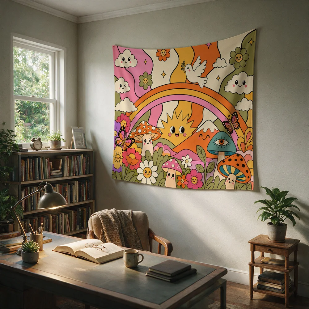 Boho Rainbow Mushroom Cottagecore Nursery Wall Hanging Tapestry Cute Floral Kids Room Decor