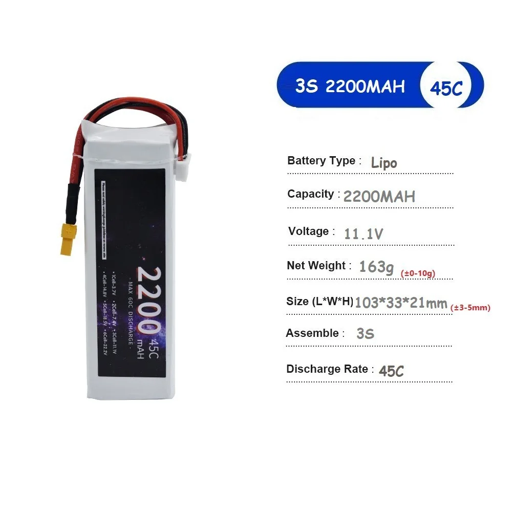 2200mAh 3S 11.1V 45C LiPo Battery XT60 for RC Drone Car Helicopter Plane High Rate 90C Burst Rechargeable Power