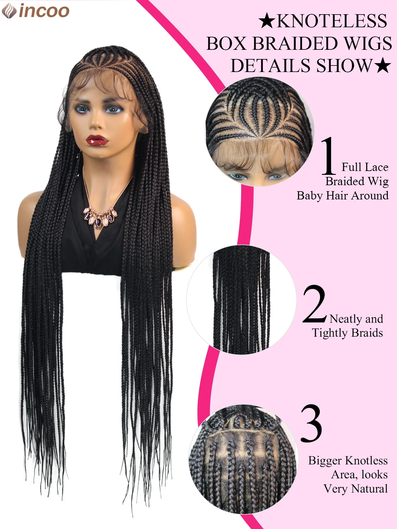 Full Lace Knotless Braided Wig 34Inch Synthetic Hair with Baby Hair Full Lace Knotless Braided Wigs for Women, Long Triangle  main image 2