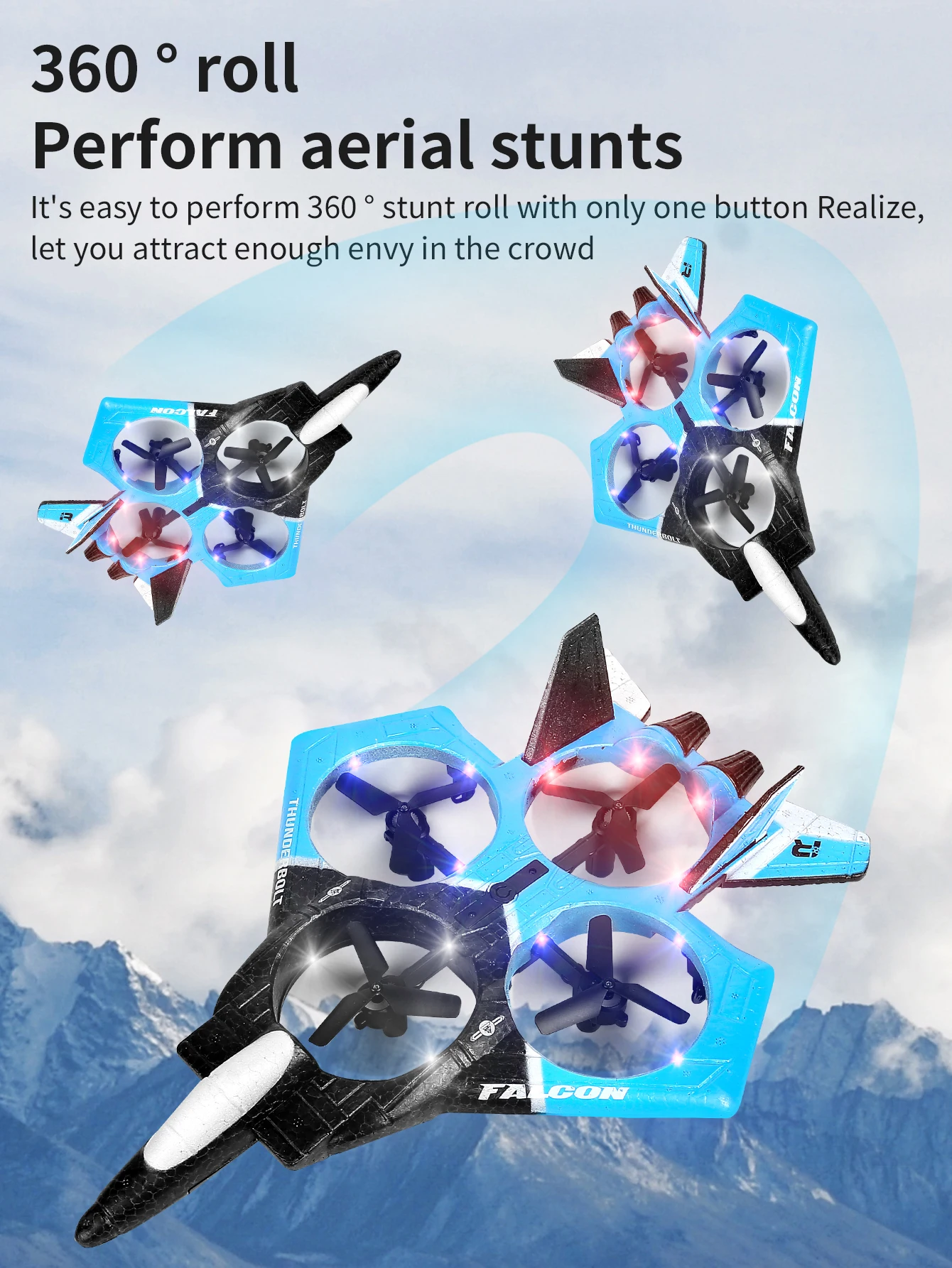 Aeronave de controle remoto -360 °   Anti queda dublê giratório e giratório LED quadcopter, modelo leve de brinquedo de caça