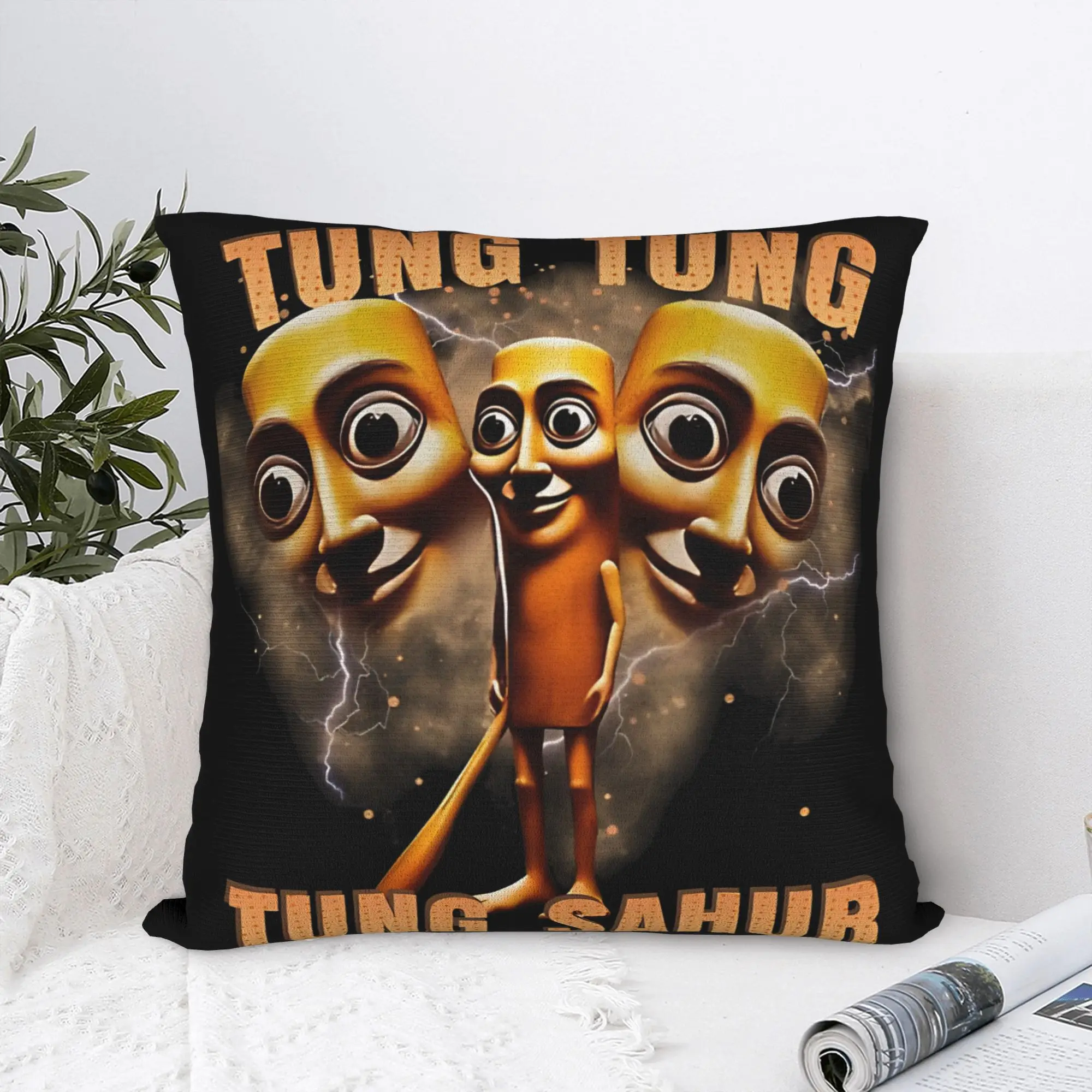 Tung Tung Tung Sahur Funny Baseball Bat Meme Pillow Cover Square Cushion Cover Kawaii Pillow Case For Sofa Couch Bed Living Room