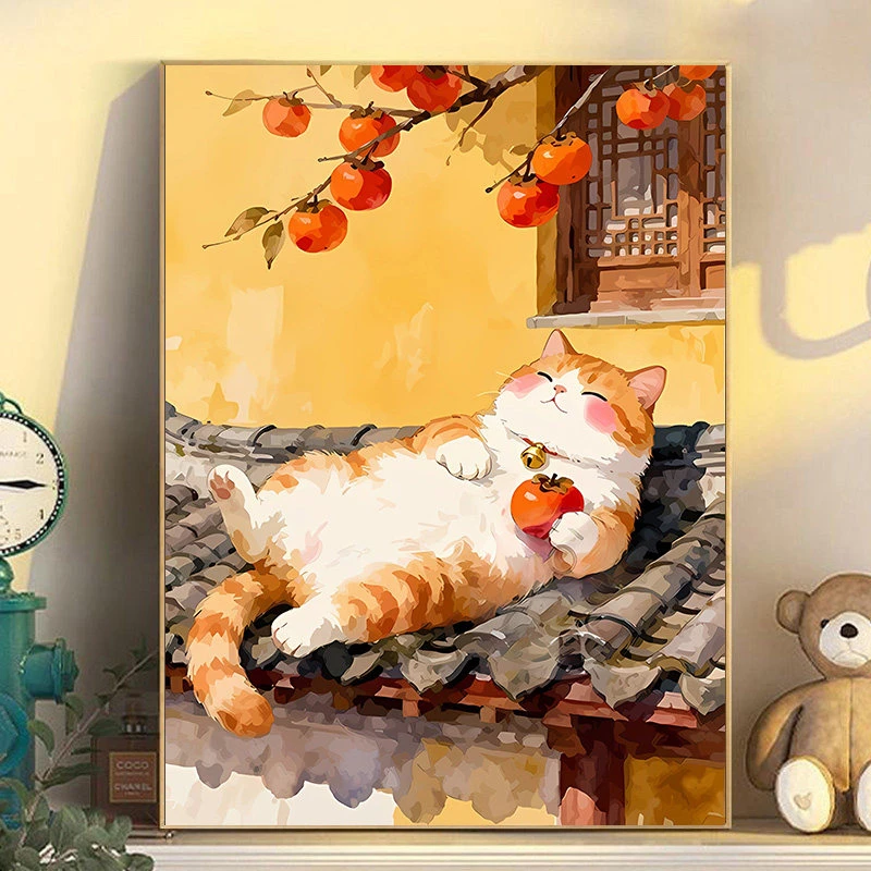 Oil Painting Cute Orange Cat Lying On Roof Persimmon Branch By Numbers Modern Wall Decor for Living Room Bedroom Gift No Frame