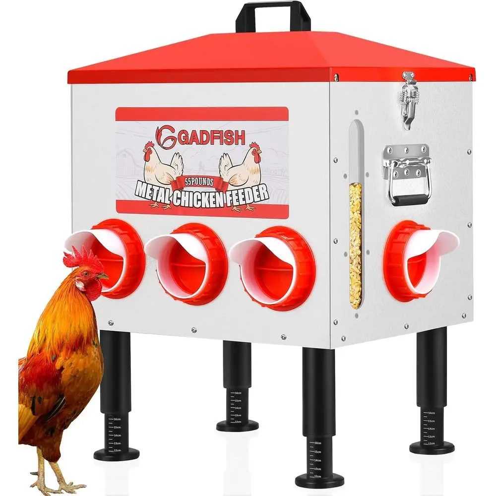 

55 lbs Large acity Automatic - 8 eeding Ports, No Waste , Height-Adjustable Legs & Secure Locking Lid or Chickens, Ducks & Poult