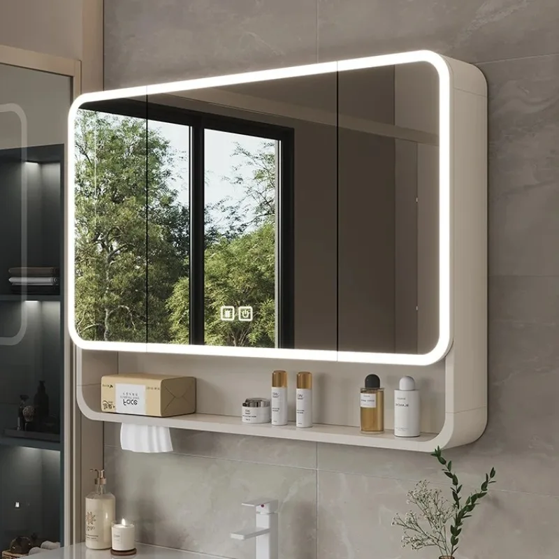 

Умный светодиодный зеркальный шкаф для ванной комнаты — настенный органайзер с алюминиевой дугой и подсветкой для хранения туалетного столика и технологией защиты от запотевания