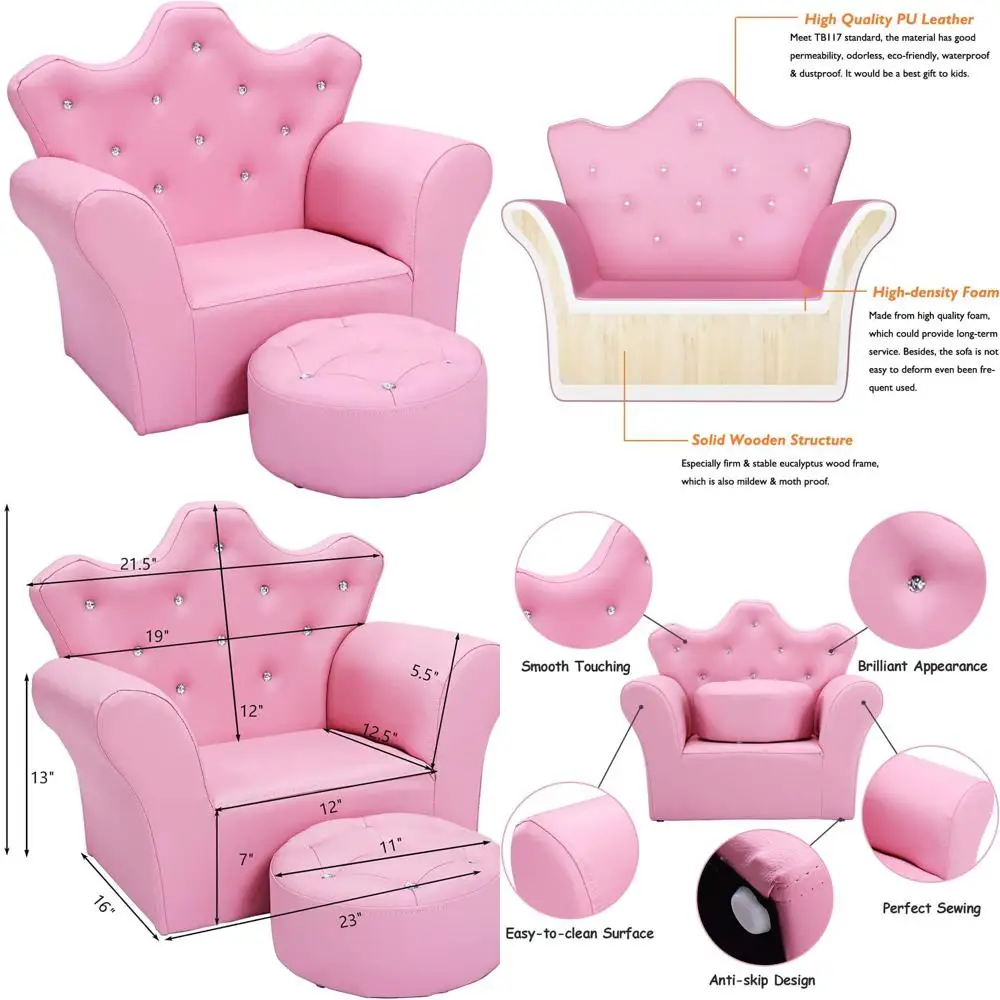 

Children's Princess-Themed Upholstered Sofa Set with Ottoman and Diamond Accents, Perfect for Pink-Loving Toddlers