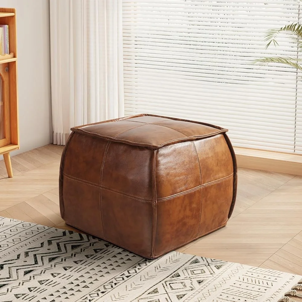 Genuine Leather Ottoman Handmade Storage Pouf Soft Cushion Footrest Stylish Seating Home Living Spaces