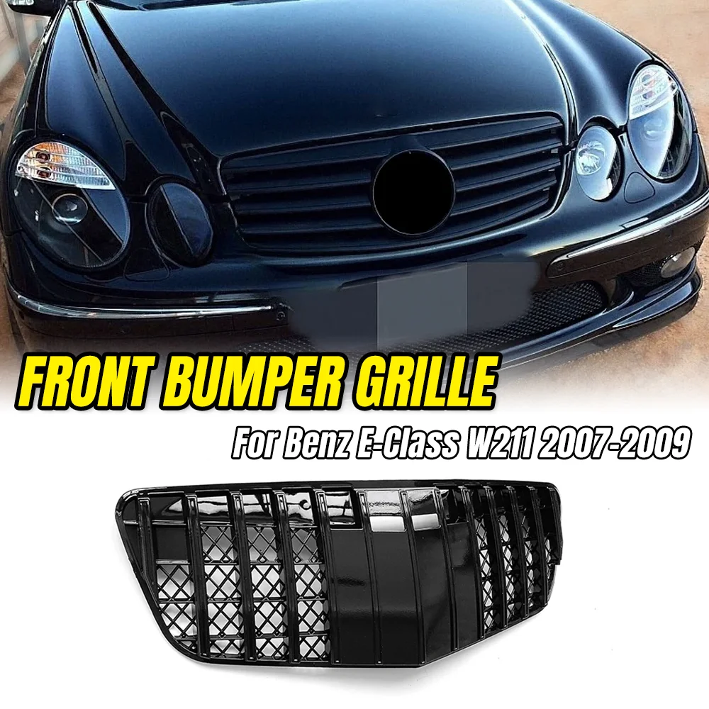 

GT Style Front Grille for Mercedes-Benz E-Class W211 2007-2009, Black Silver Racing Hood Grill Replacement
