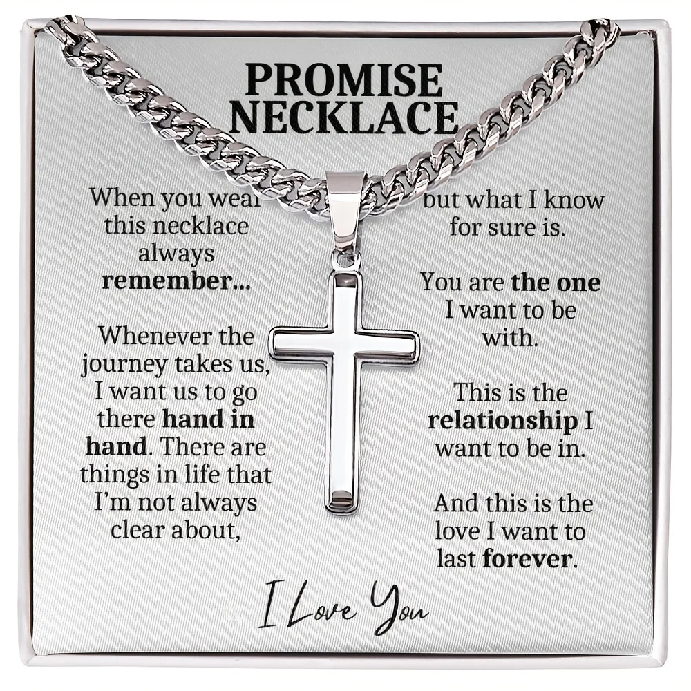 Cross + Stainless Steel Cuban Chain + Gift Box + Card Men's Necklace Set As A One-year Anniversary Gift For Boyfriend