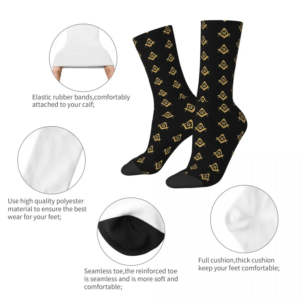 Freemason Pattern Gold Black Square Compass Masonic Men Women Socks Outdoor Novelty Spring Summer Autumn Winter Stockings Gift