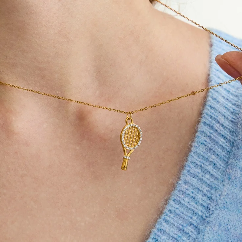 

European and American Stainless Steel Crystal Tennis Racket Design Pendant Necklace Women Titanium Steel Jewelry Accessories