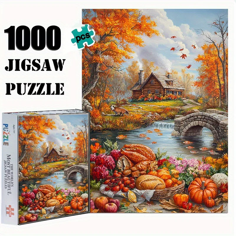 1000 قطعة من أحجية الصور المقطوعة للبالغين - كابينة سجل الخريف بواسطة نهر مع أوراق الخريف والقرع والتوت - دورا ممتازة مقاومة للخدش