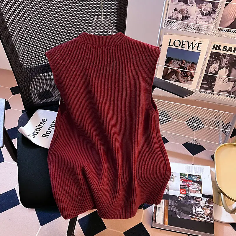 Spring Autumn New Sleeveless Temperament Split Hem Sweater Vest Loose Solid Fashion Pullovers Vintage Elegant Women Clothing