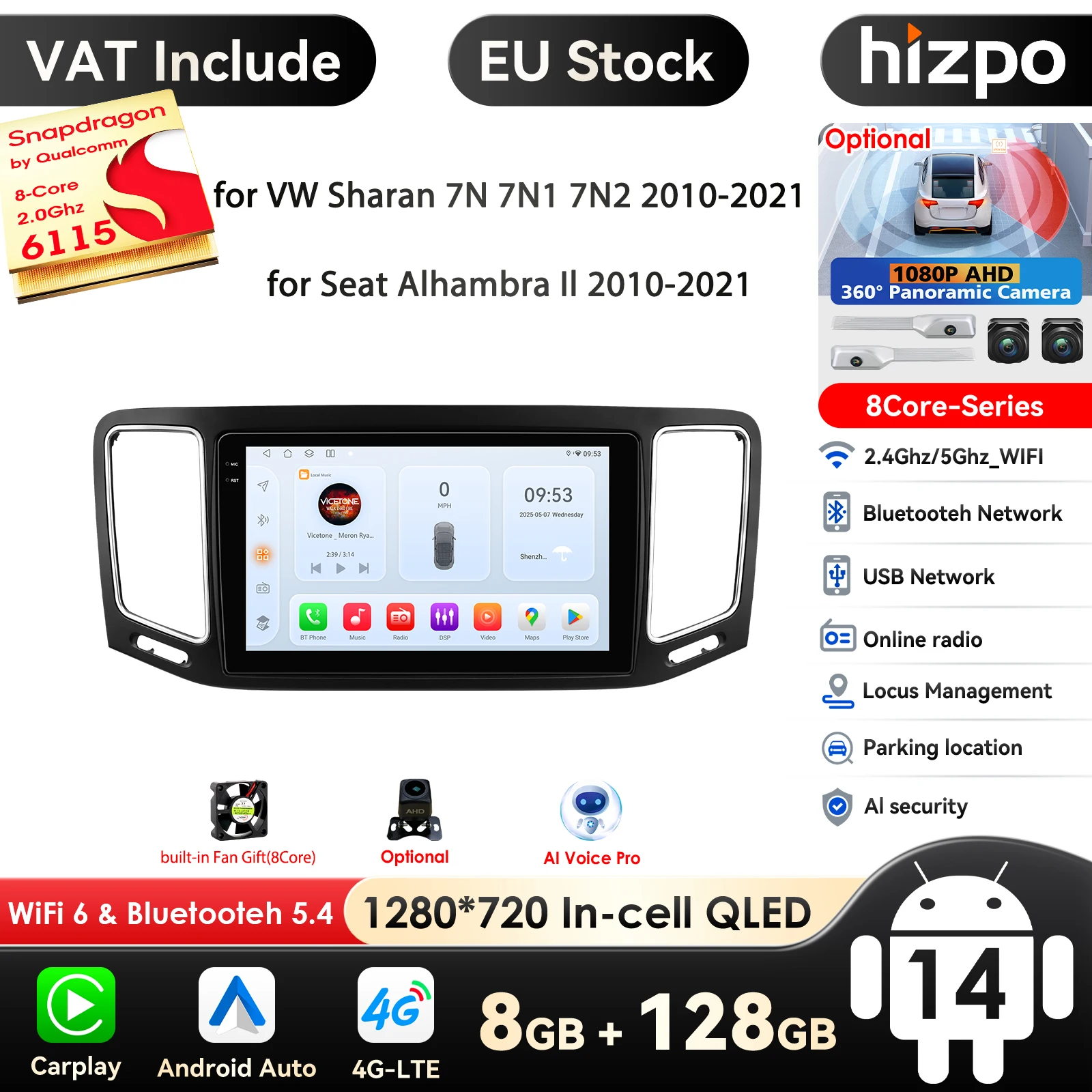Hizpo Snapdragon Autoradio Stereo für Volkswagen VW Sharan SEAT Alhambra 7N 2010-2022 Multimedia Player GPS Carplay 4GWiFi Video