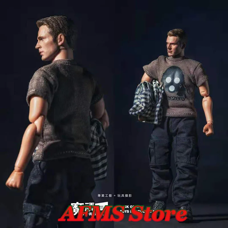 1/12 Men Soldier Clothes Long Sleeve Black White Plaid Blouse Coffee Print T Shirt Pants Set For 6Inch Action Figure Body