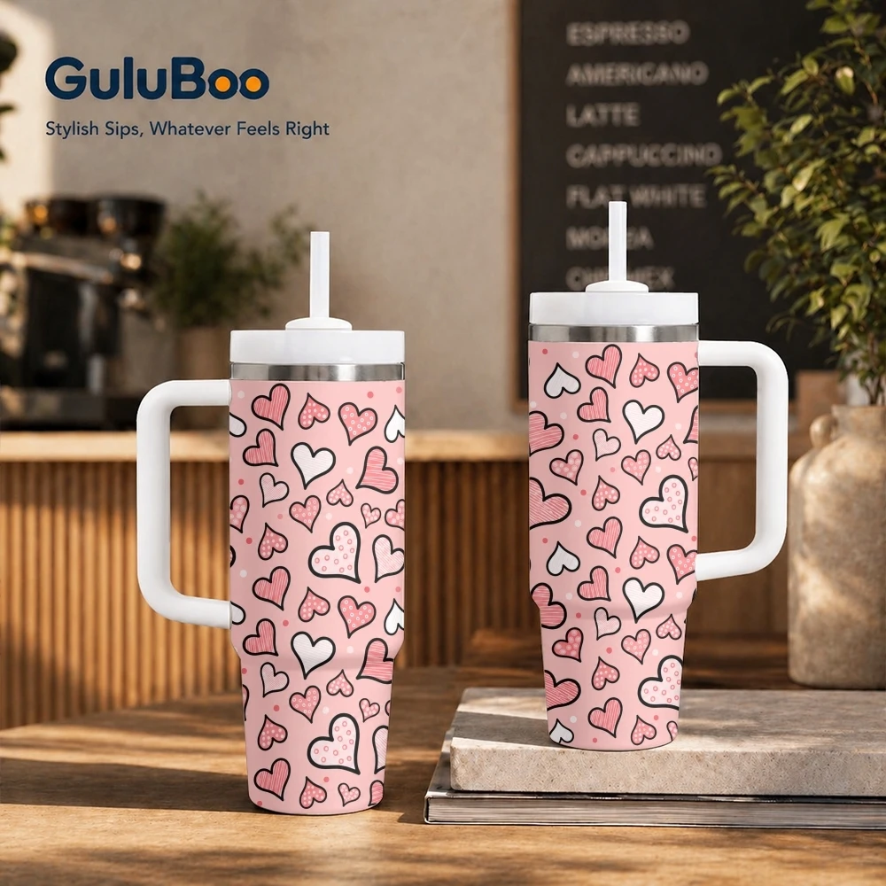 Pastel Doodle Heart Graphics Vacuum Flasks 40oz Stainless Steel Insulated Tumbler With Handle & Straw Leakproof Travel Mug