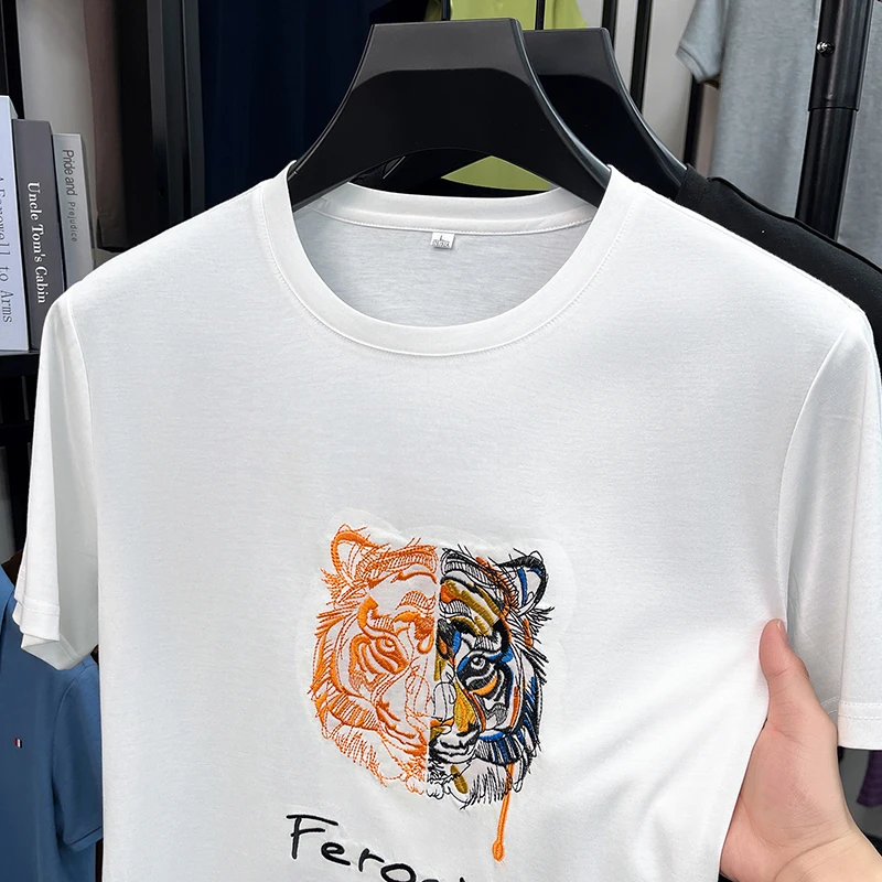 High end tiger head embroidered short sleeve T-shirt men personalized fashion breathable summer new luxury casual round neck top
