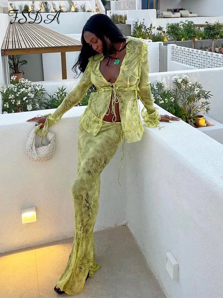 FSDA Print Y2K Mesh Long Sleeve Top Shirts Green And Maxi Skirt Bodycon Sexy Two Piece Sets Beach Outfits Women Club