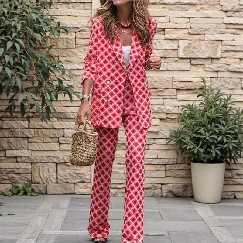 

Digital Printed Double Breasted Suit Long Sleeved Long Pants Two-piece Set Autumn Winter Women Clothing Conjuntos De Pantalones
